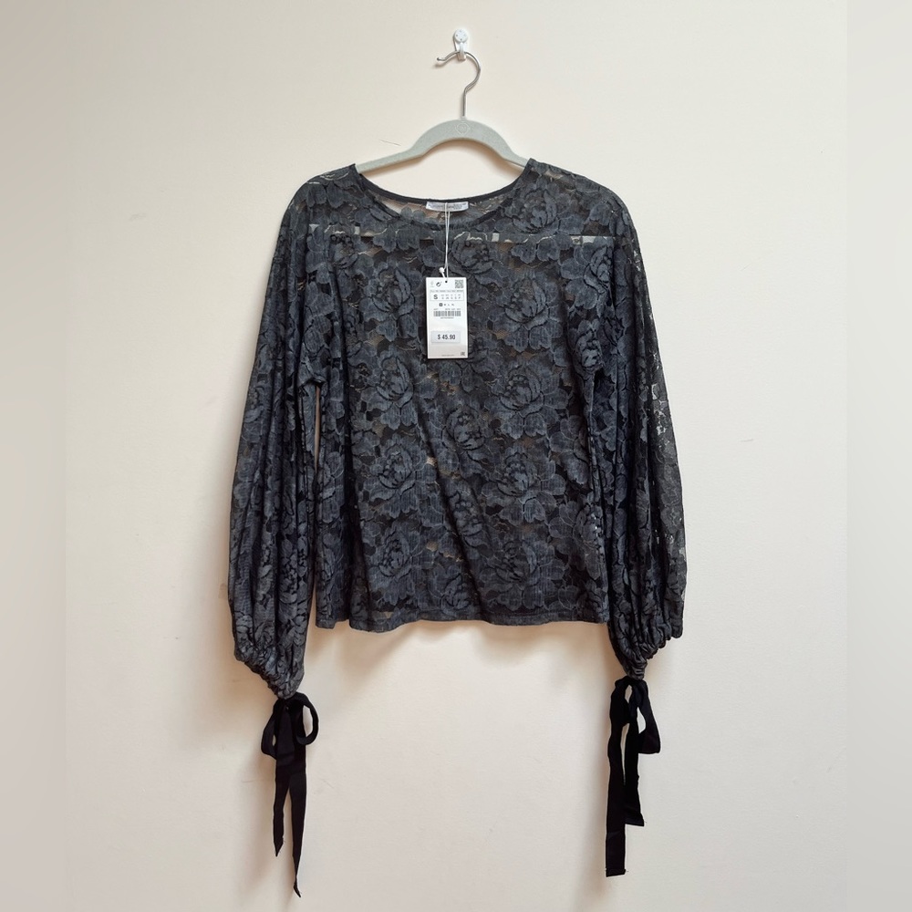 zara lace shirt with ribbon sleeve detail